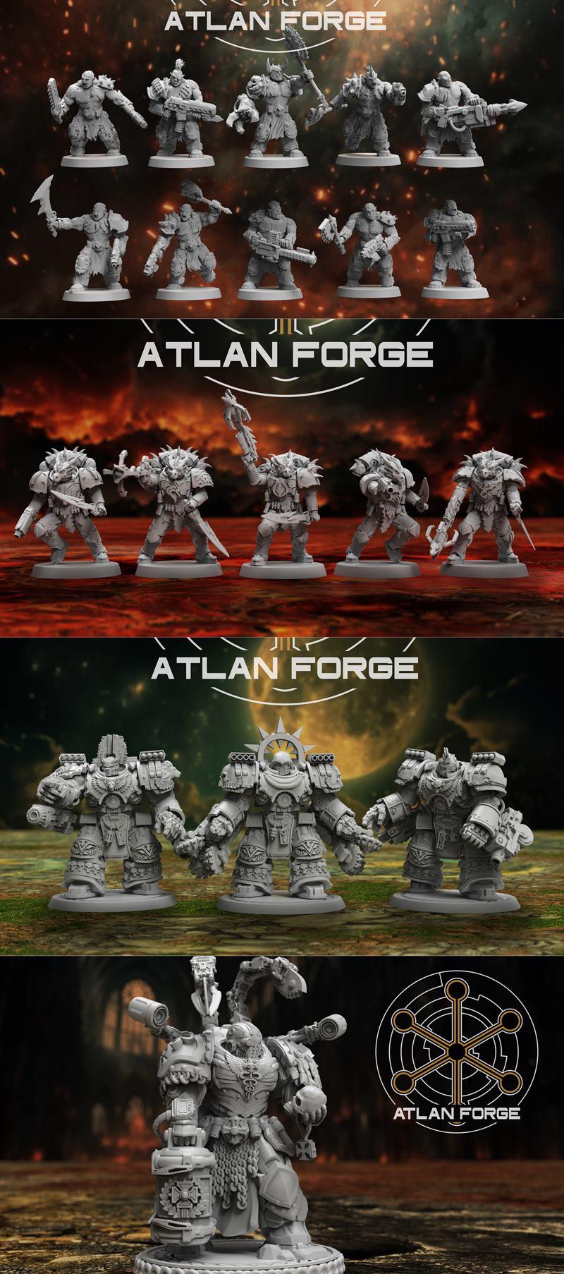 Collection of sci-fi and fantasy miniatures by Atlan Forge, including orc-like warriors and armored space marines wit...