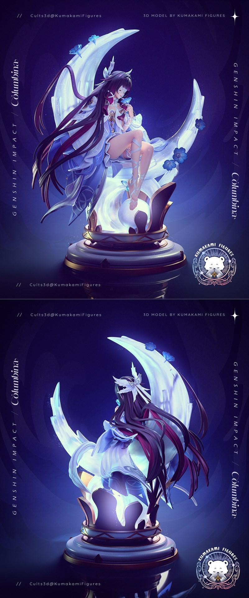 Columbina from Genshin Impact seated on a glowing crescent moon, adorned with butterflies and flowers, on an ornate b...