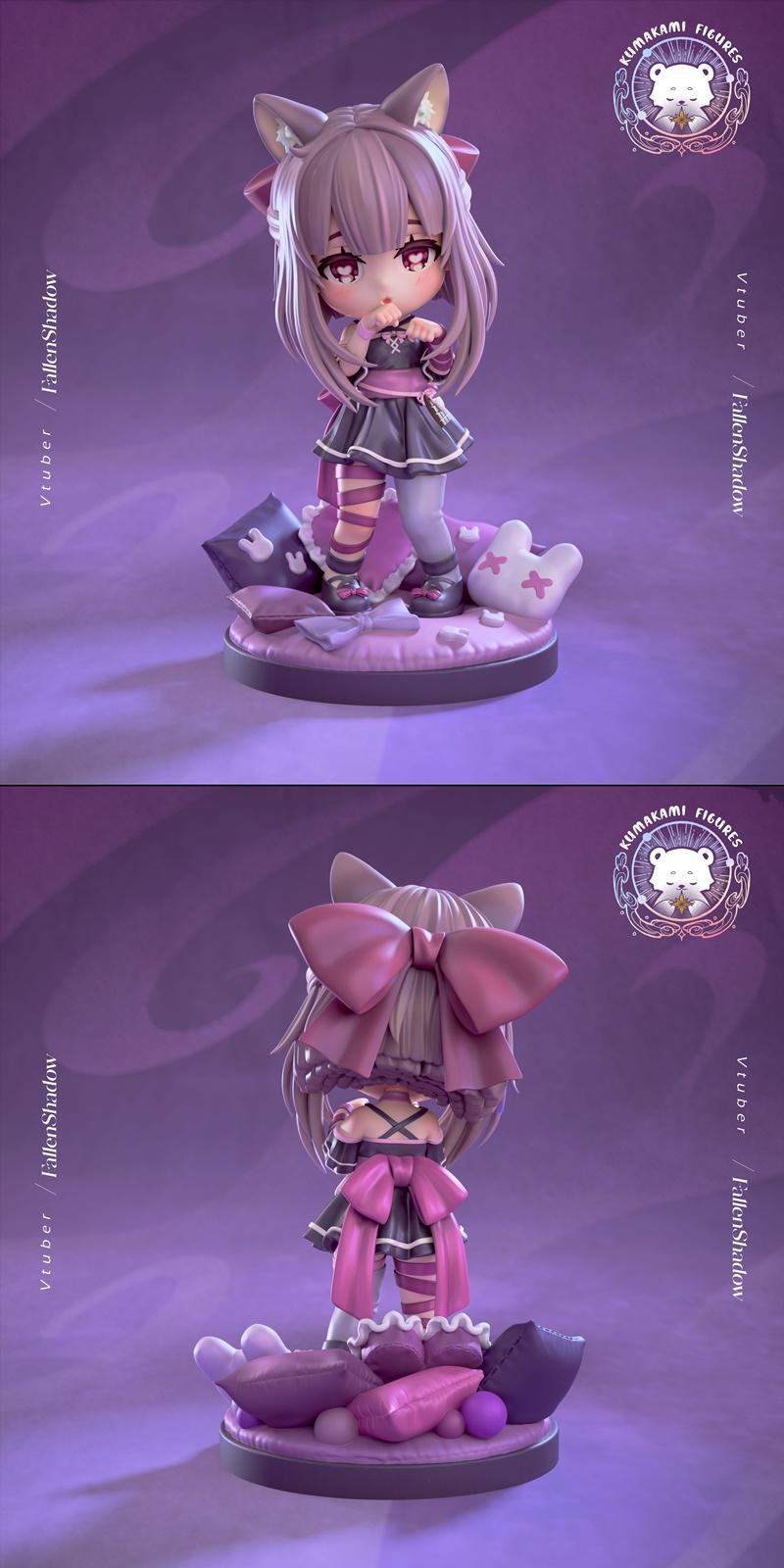 Chibi anime-style figure of Fallen Shadow with cat ears, wearing a dark gothic lolita dress with pink ribbons, posed...