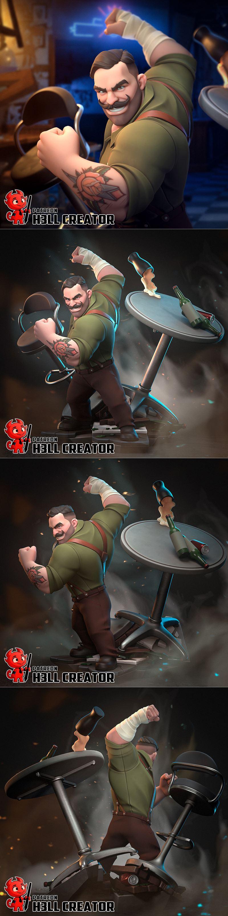 Stylized male character 'Punch Up' in a boxing stance, wearing a green shirt and brown pants, with tattoos on his arm...