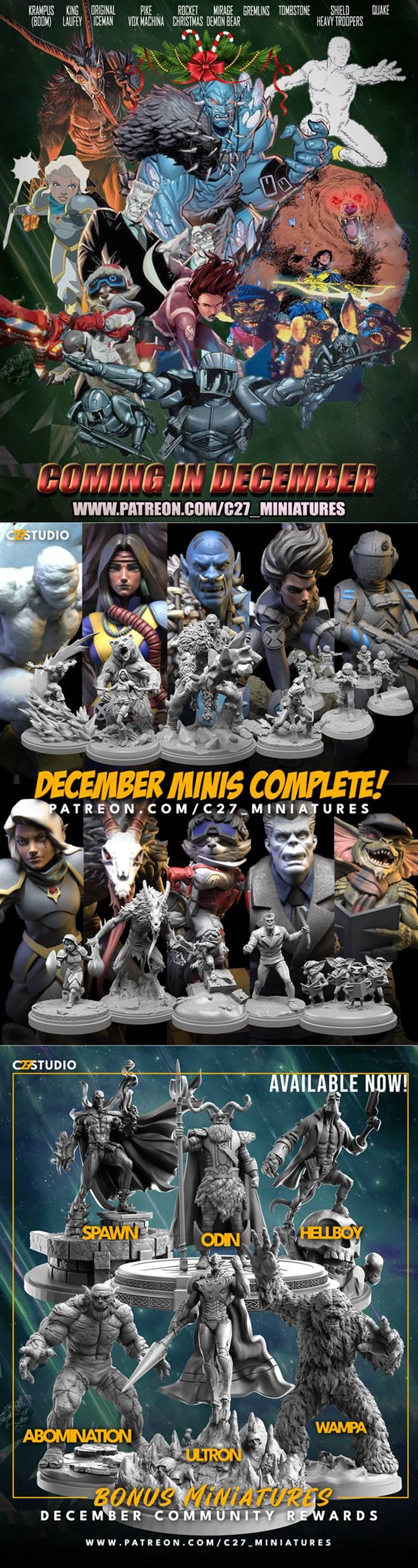 Collage of 3D printable miniatures including Spawn, Hellboy, Odin, Abomination, Ultron, Wampa, Krampus, Iceman, and G...