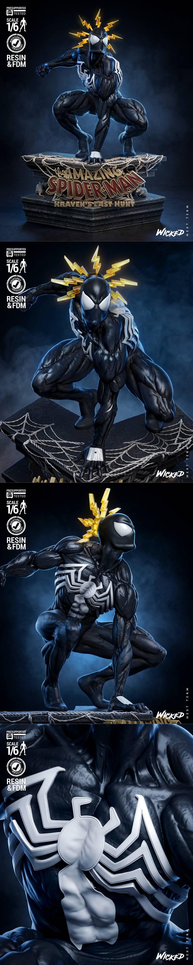 Spider-Man in black suit with white spider emblem, crouching on a stone base with "The Amazing Spider-Man: Krave...