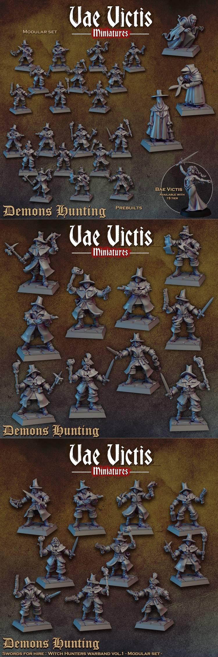 Collection of Vae Victis Miniatures witch hunter models, each on a small base, armed with swords, pistols, and torche...