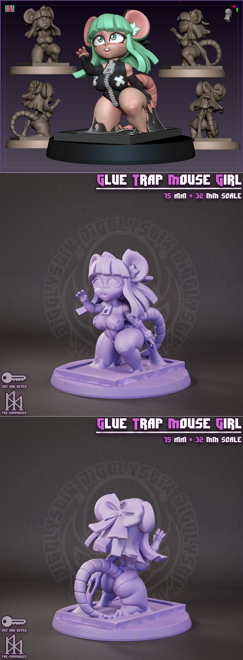 Stylized anime mouse girl in a revealing outfit, stuck in a glue trap, with large ears and tail. 15mm + 32mm scale op...