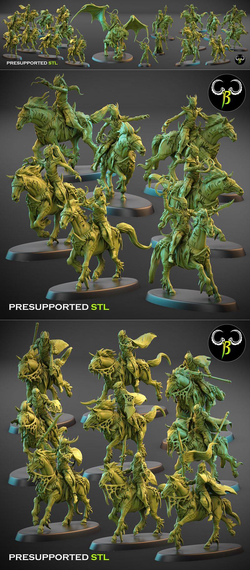 Collection of dark fantasy miniatures depicting riders on horseback, with grotesque details and flowing capes, presen...