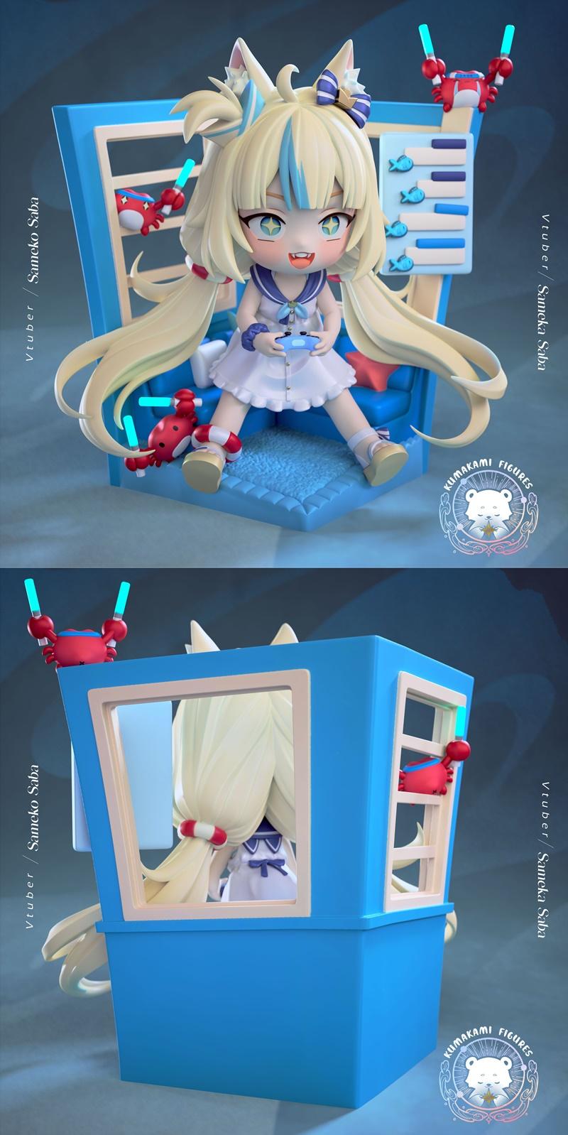 Chibi Sameko Saba VTuber figure with blonde hair, cat ears, and blue bows, sitting in a blue chair holding a game con...