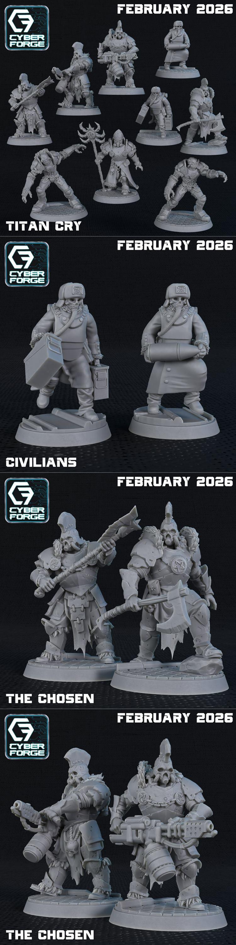 Collection of sci-fi miniatures by Cyber Forge: armored dwarves with axes and guns, civilians with ammo crates and sh...