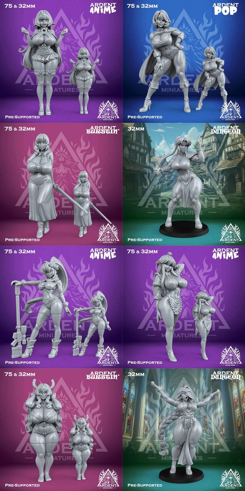 Collection of 3D printable anime-style female figures from Ardent Miniatures, in various poses and outfits, available...