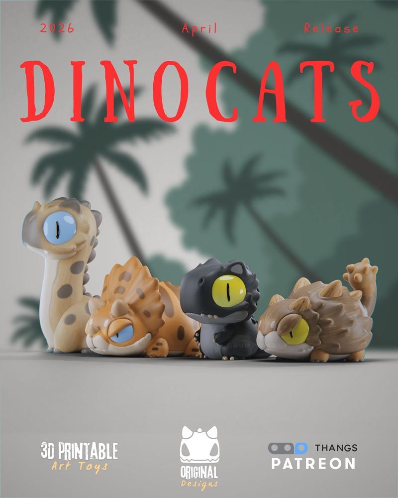 Four stylized dinosaur-cat hybrid figures: a long-necked spotted creature, a triceratops-like cat, a dark grey T-Rex-...