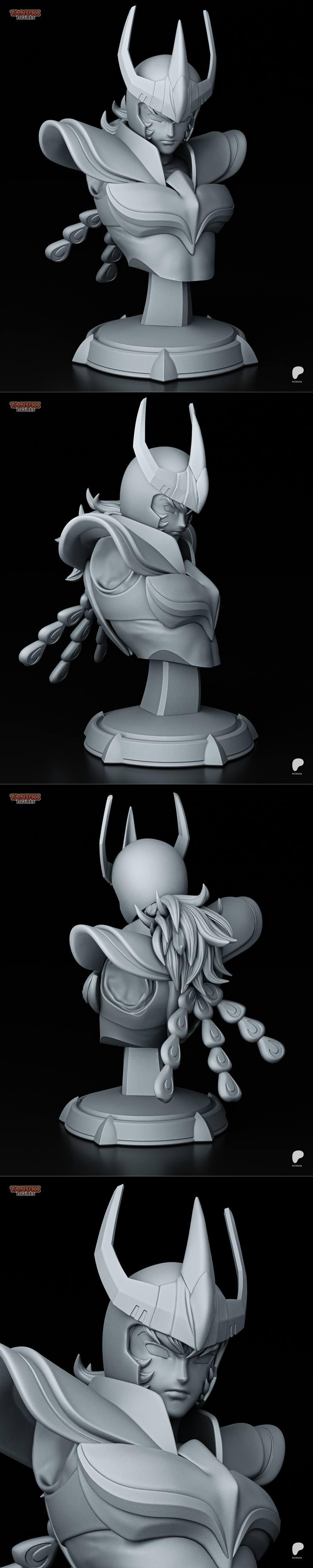 3D model bust of Phoenix Ikki from Saint Seiya, featuring ornate armor, a horned helmet, and braided hair, displayed...