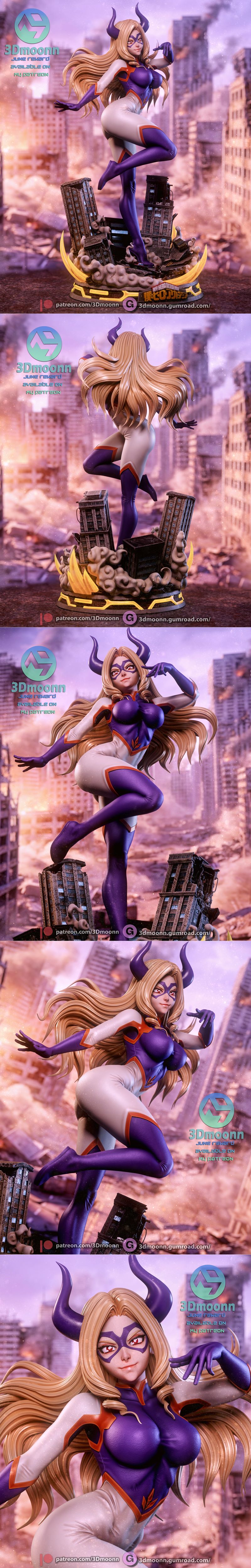 Mt. Lady from Boku no Hero Academia in a dynamic pose on a ruined cityscape base, wearing her purple and white costum...