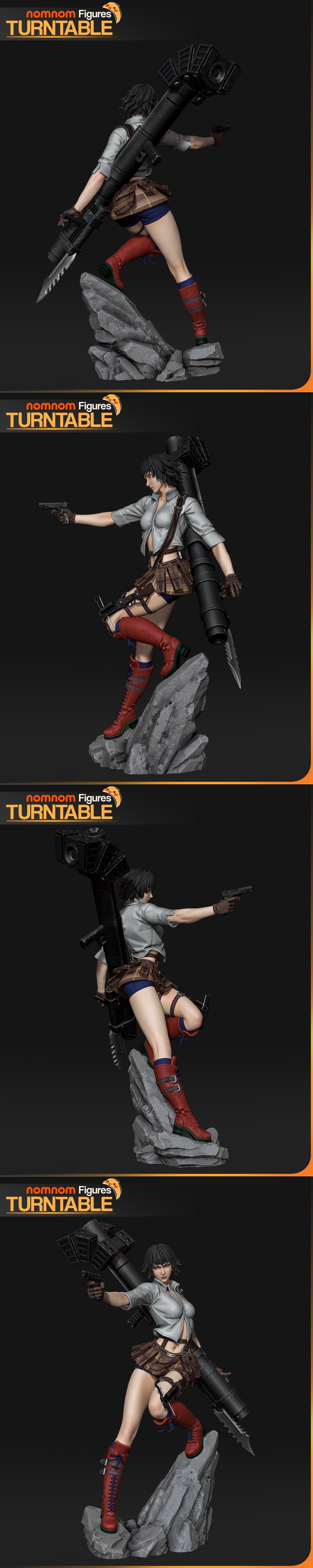 3D model of Lady from Devil May Cry, holding a handgun and a rocket launcher, wearing a short plaid skirt and an open...