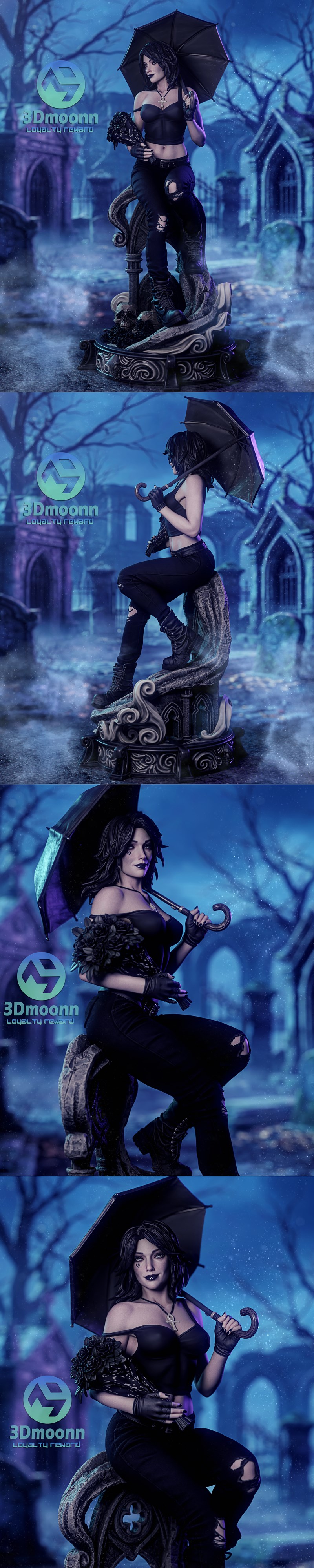 Death Sandman character seated on a gothic tombstone, holding a black umbrella, wearing ripped jeans and a black top....