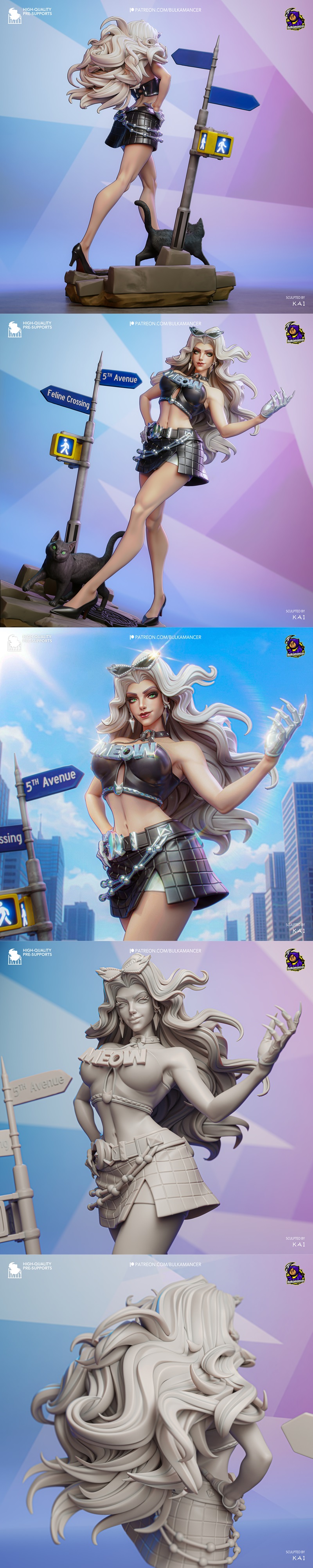 Black Cat figure in a revealing plaid skirt and top, standing on a street corner with a black cat and "5th Avenu...