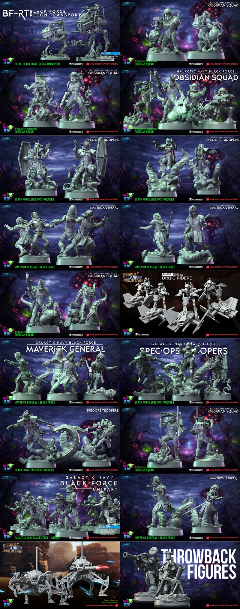 Collection of sci-fi soldiers in black armor with helmets and weapons, posed on bases. Inspired by Star Wars, from Wa...