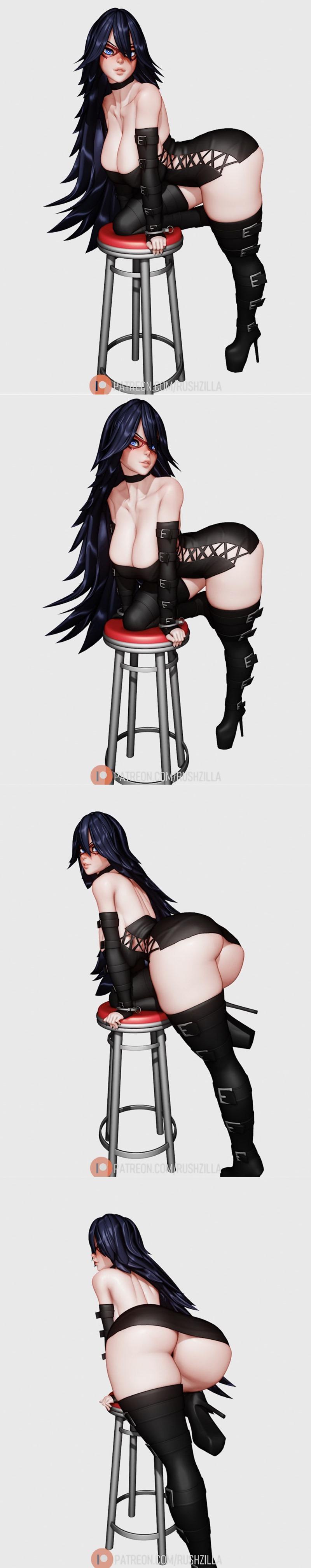 Midnight from My Hero Academia seated provocatively on a stool, wearing a revealing black outfit with thigh-high boots.