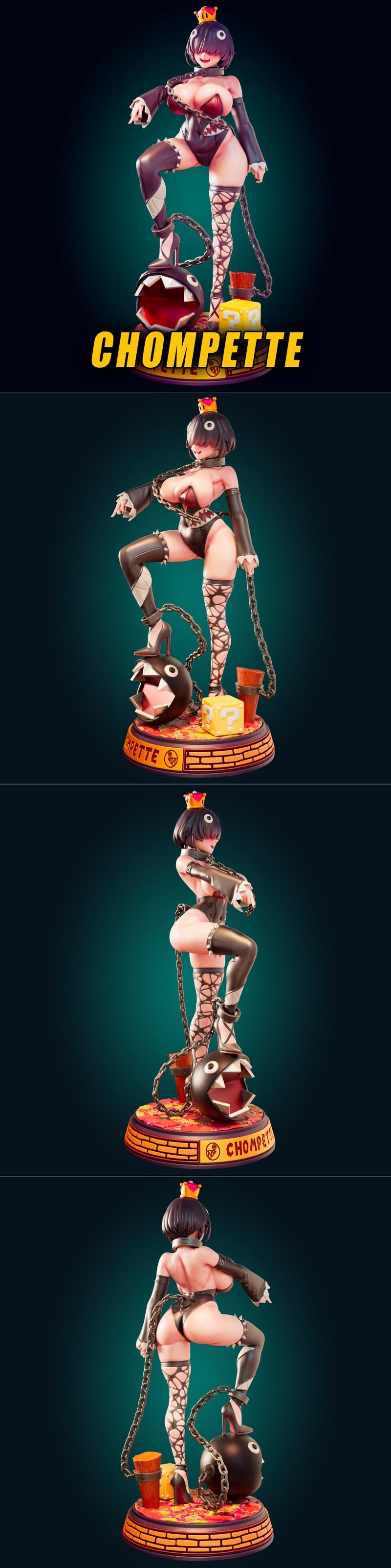 Princess Chompette figure with chains, standing on a Chain Chomp, wearing a crown and revealing outfit, on a Super Ma...