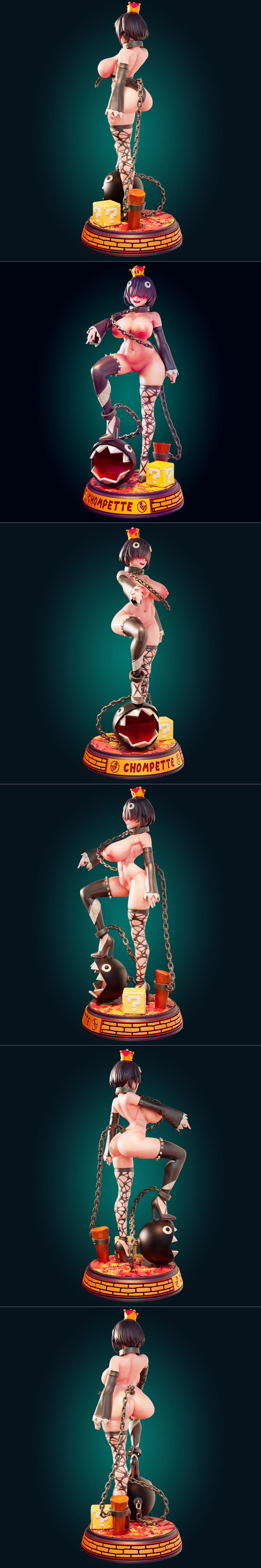 Princess Chompette figure with chains, standing on a Chain Chomp, wearing a crown and revealing outfit, on a Super Ma...