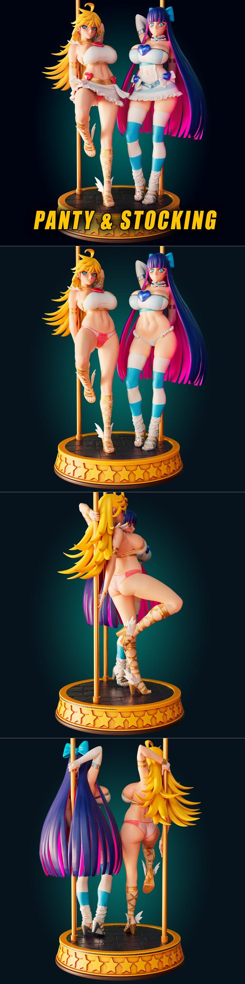 Panty and Stocking anime characters in revealing outfits posing on a pole, detailed 3D print model.
