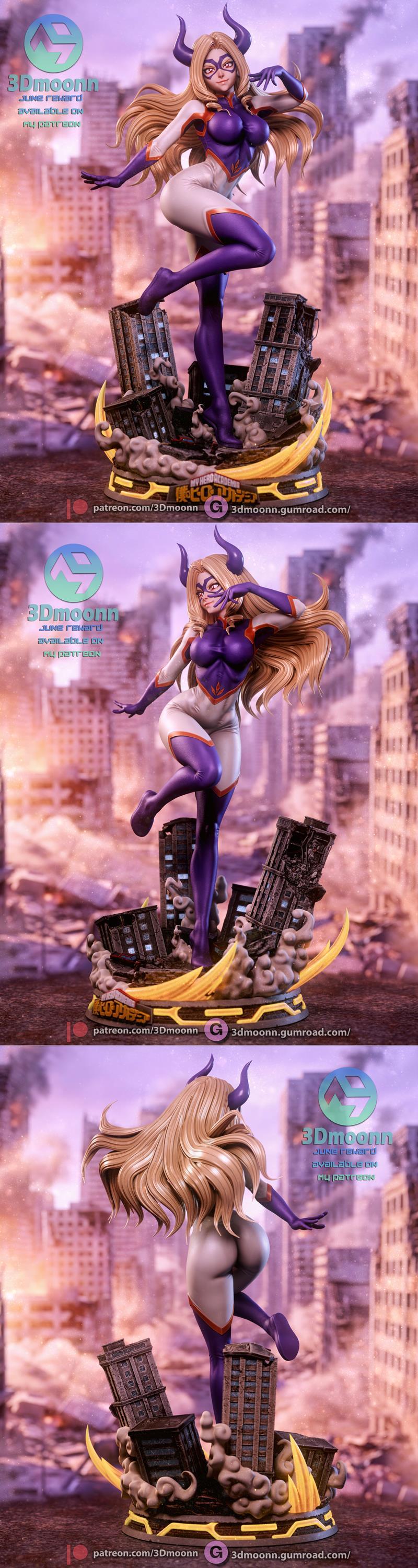 Mt. Lady from Boku no Hero Academia in a dynamic pose on a ruined cityscape base, wearing her purple and white costum...