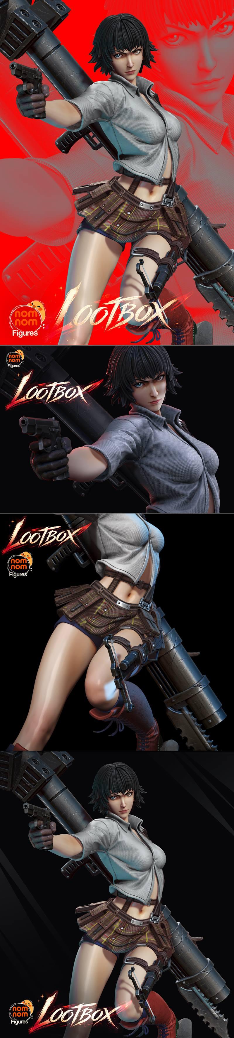3D model of Lady from Devil May Cry, holding a handgun and a rocket launcher, wearing a short plaid skirt and an open...