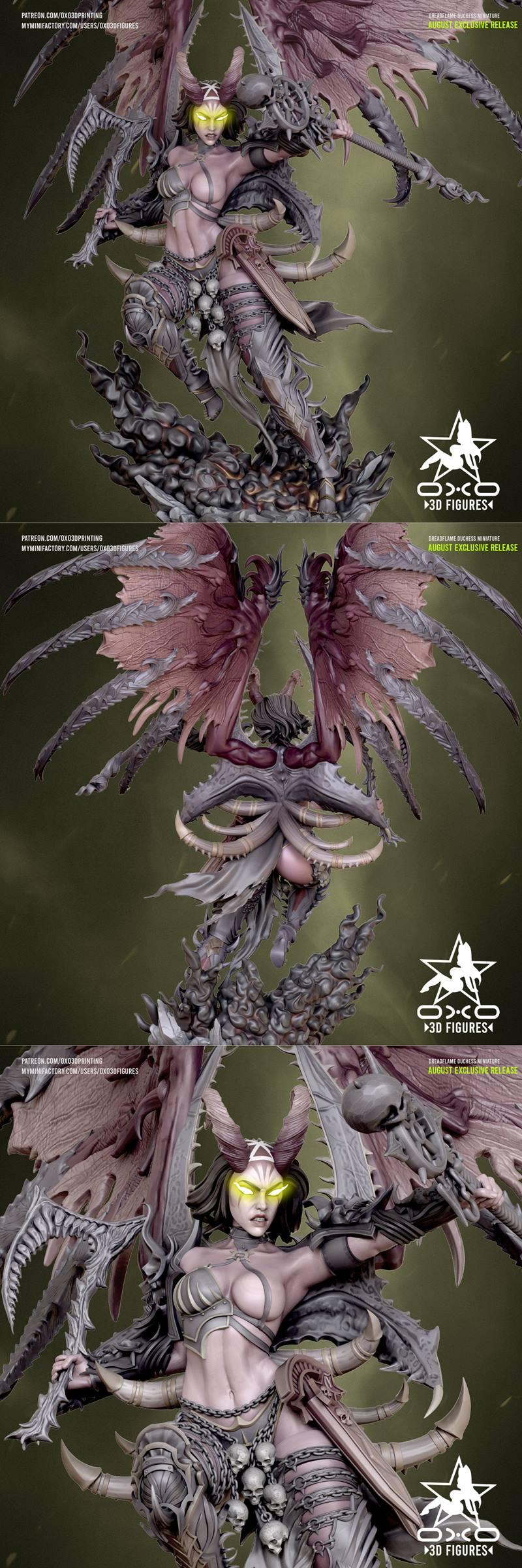 Demonic female "Dreadflame Duchess" miniature with large wings, horns, glowing eyes, and skull adornments,...