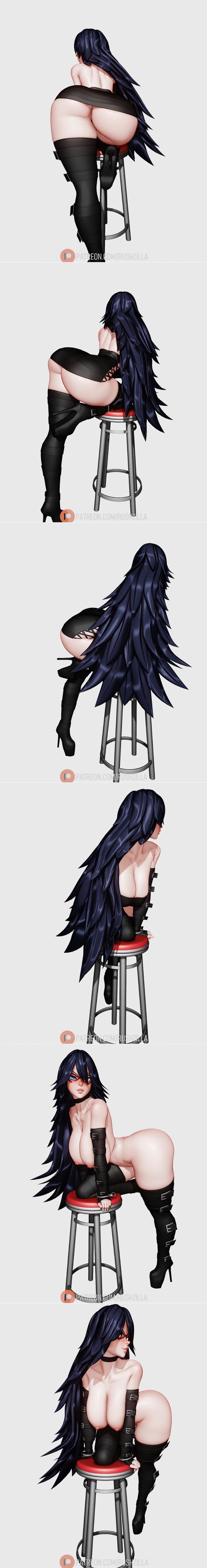Midnight from My Hero Academia seated provocatively on a stool, wearing a revealing black outfit with thigh-high boots.