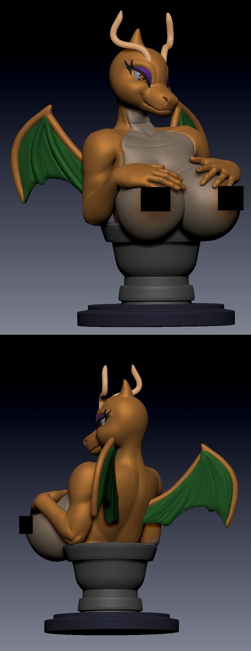 Dragonite waifu bust 3D model, orange dragon-like female with green wings, seductive pose, mounted on a display base.