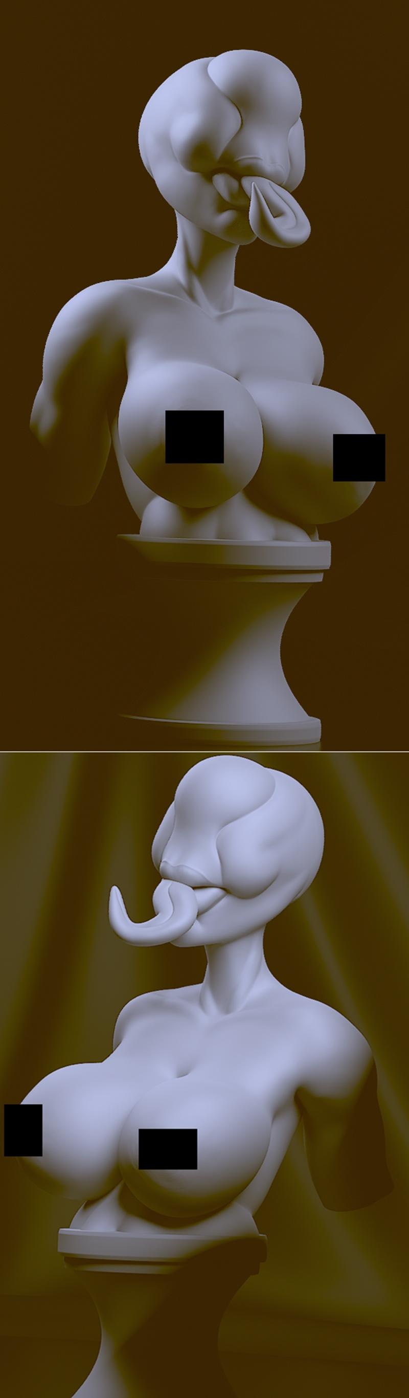 Grotesque bust of a Silent Hill nurse with distorted face and tongue, on a pedestal. Nudity is censored.
