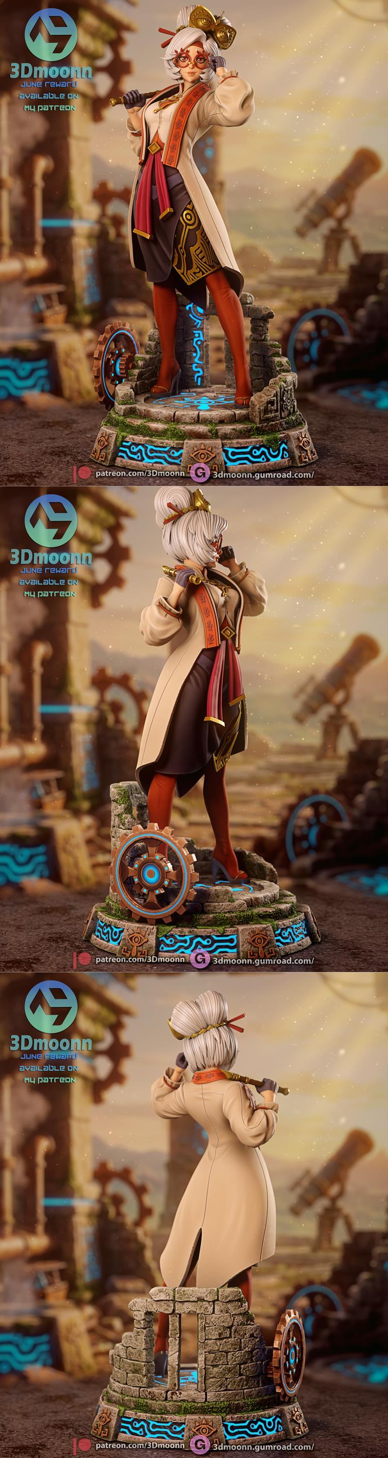 3D printable model of Purah from The Legend of Zelda, standing on a ruin base with gears and glowing runes, holding a...