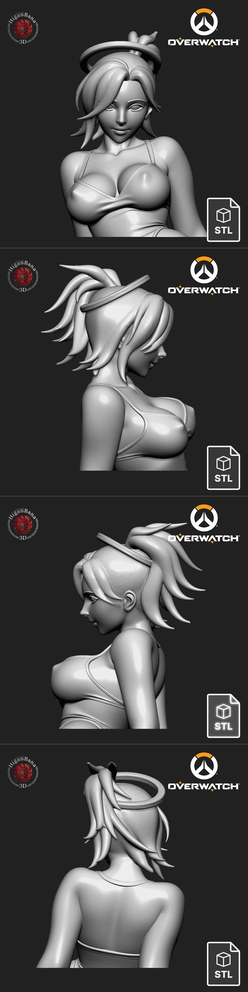 3D model sculpt of Mercy from Overwatch, depicted with a halo and wearing a revealing outfit, presented in multiple v...