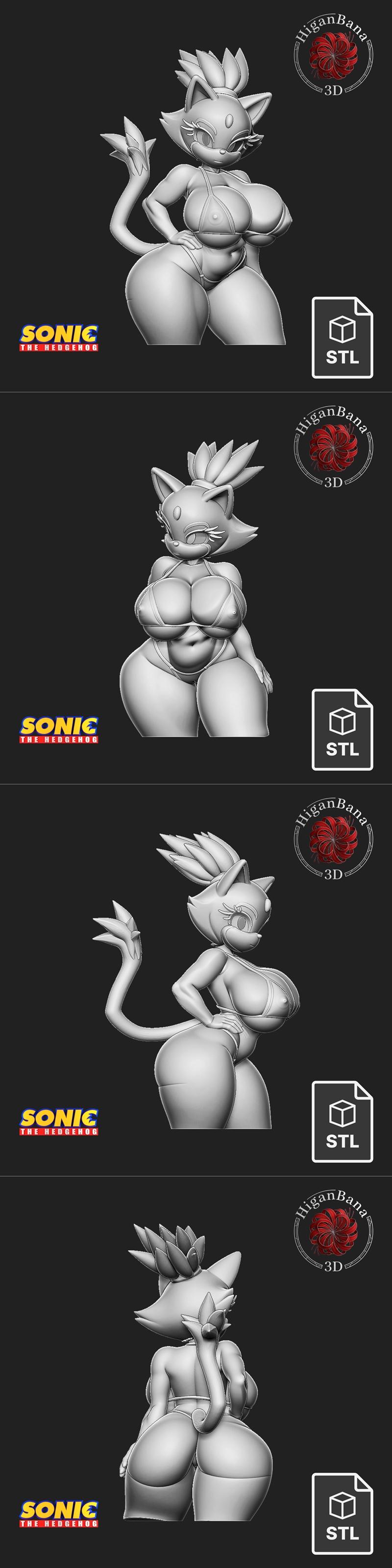 3D model of Blaze the Cat from Sonic the Hedgehog, depicted with exaggerated curves and wearing a bikini. The sculpt...