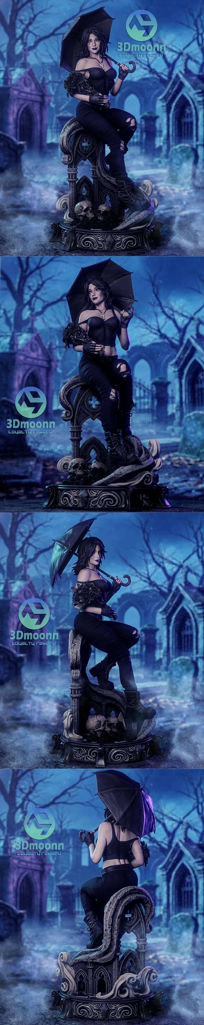 Death Sandman character seated on a gothic tombstone, holding a black umbrella, wearing ripped jeans and a black top....
