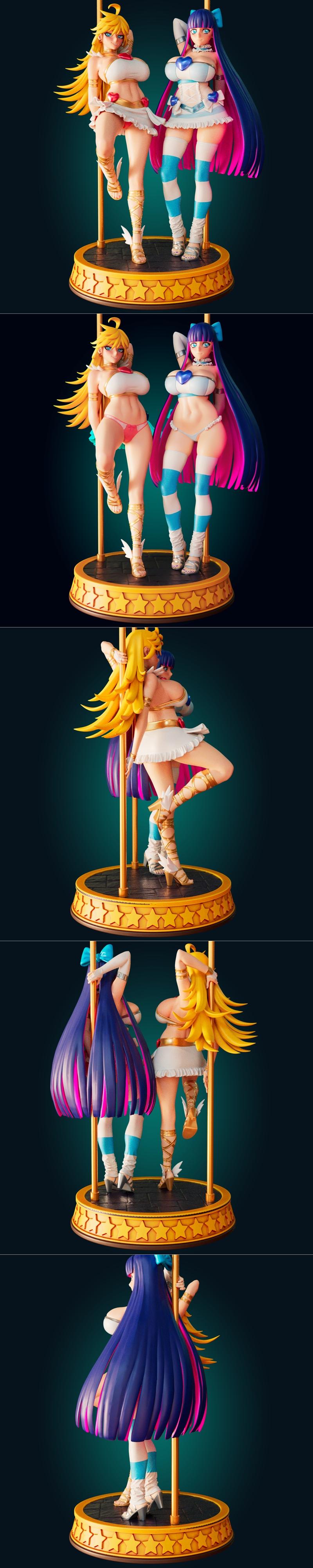 Panty and Stocking anime characters in revealing outfits posing on a pole, detailed 3D print model.