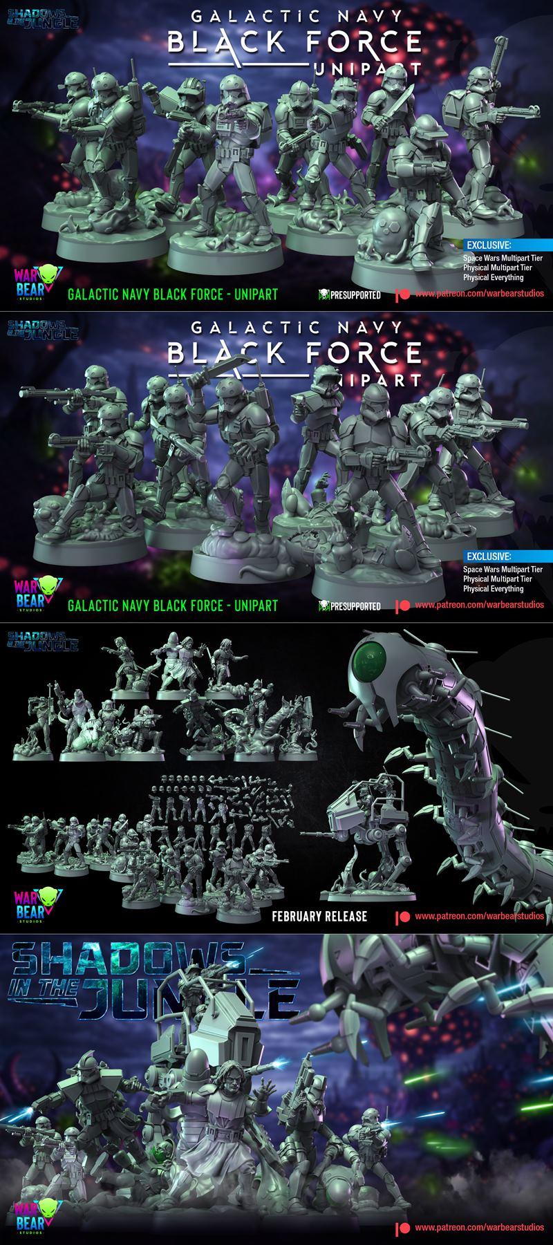 Collection of sci-fi soldiers in black armor with helmets and weapons, posed on bases. Inspired by Star Wars, from Wa...