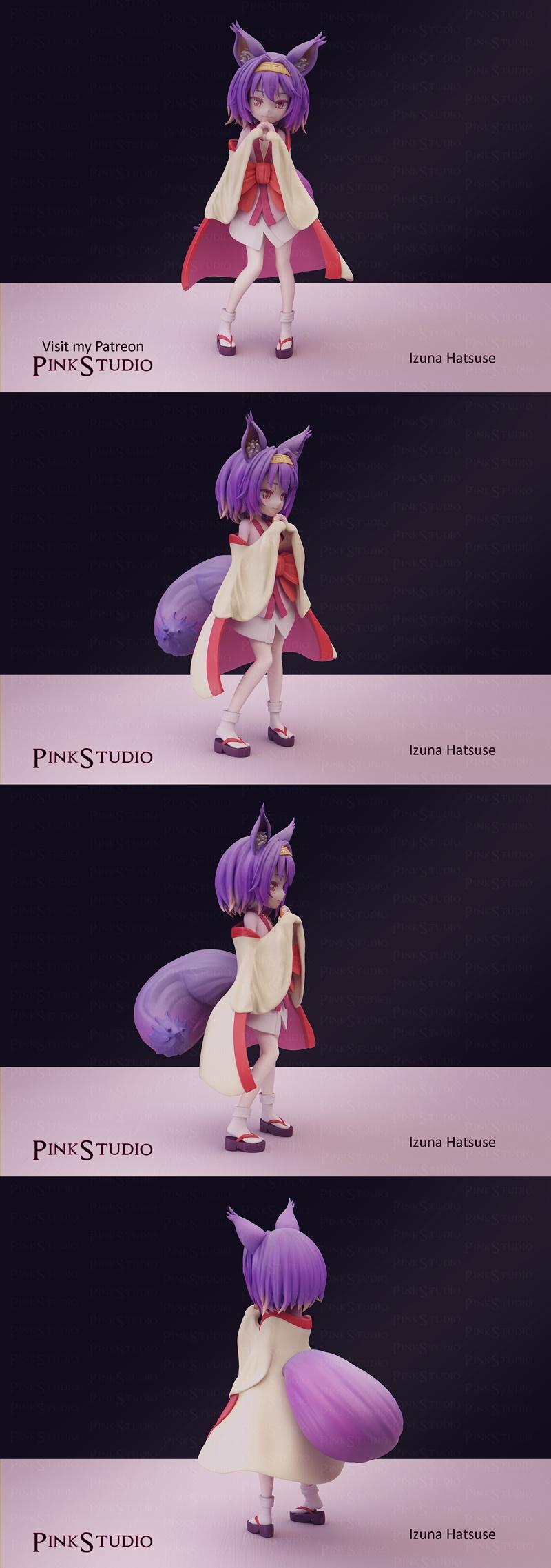 Izuna Hatsuse 3D model, a cute anime character with purple fox ears and tail, wearing a traditional Japanese outfit.