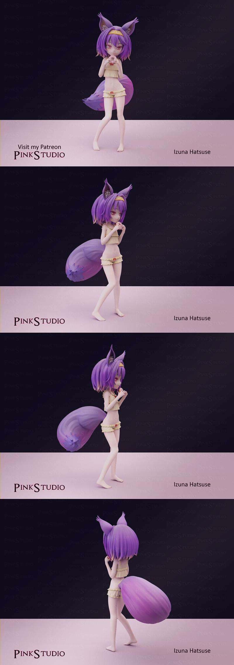Izuna Hatsuse 3D model, a cute anime character with purple fox ears and tail, wearing a traditional Japanese outfit.