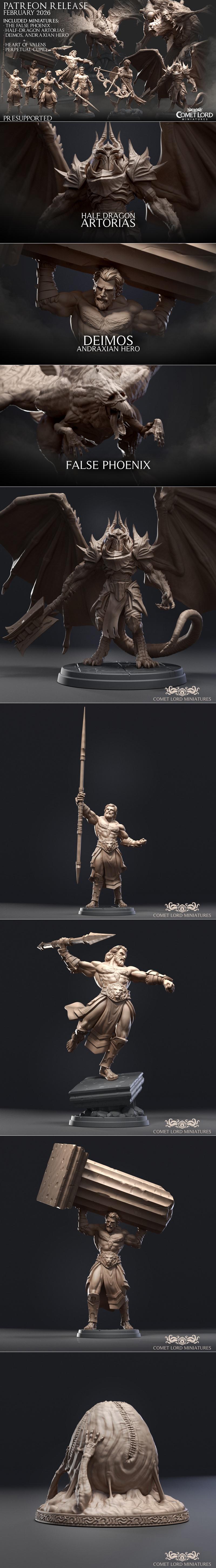 Muscular male warrior with spear and sword, and a monstrous winged creature with multiple limbs, both on display base...