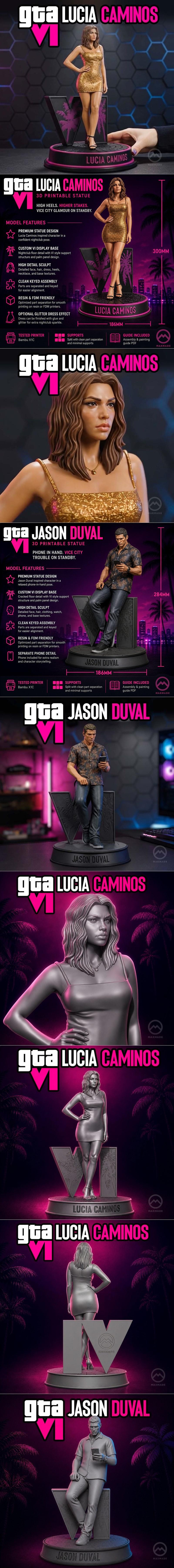 3D models of GTA 6 characters Lucia and Jason. Lucia wears a gold dress, Jason wears a patterned shirt. Both stand on...