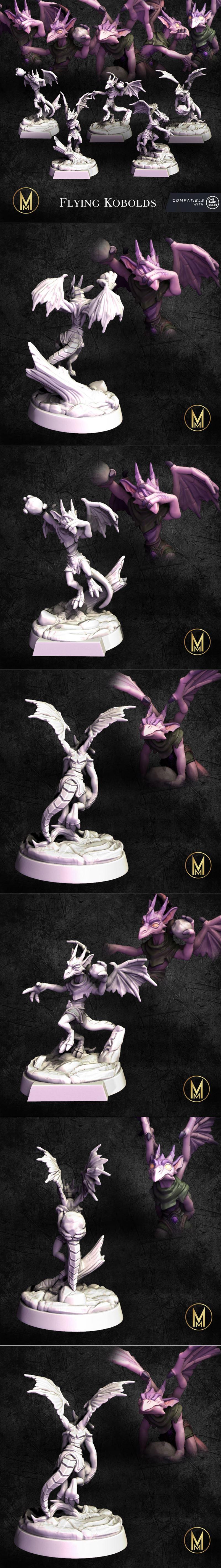 Collection of fantasy miniatures: Penelope with staff and birds, Fern figure, Raina bust, and several Ranged Kobolds....