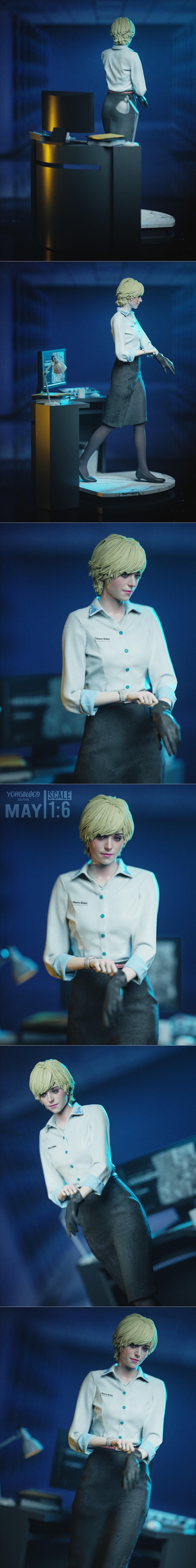 Sherry Birkin figure in a white blouse and pencil skirt, putting on black gloves, standing at a desk with a computer....