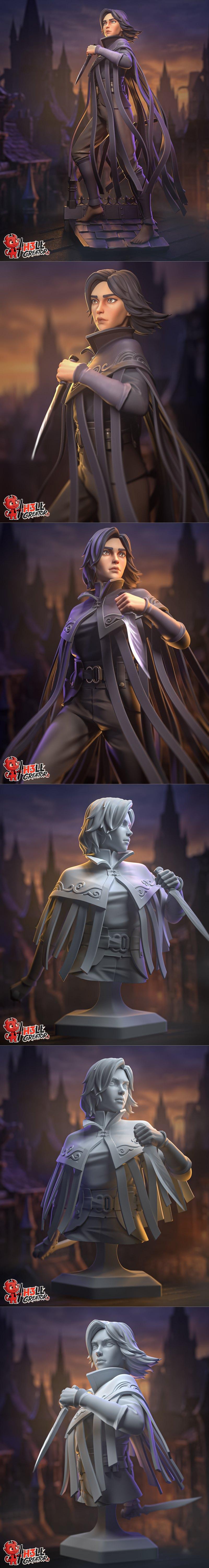 Vin from Mistborn character 3D model, holding a dagger, wearing a dark cloak and trousers, standing on a gothic-theme...