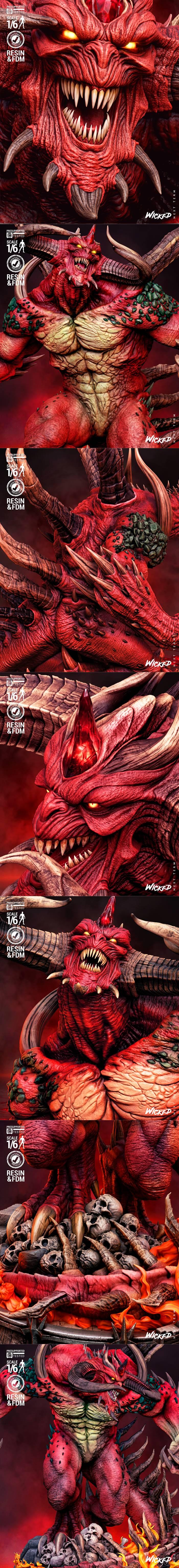 1/6 scale 3D model of Diablo, a red-skinned demon with large horns and sharp claws, standing on a fiery base with the...