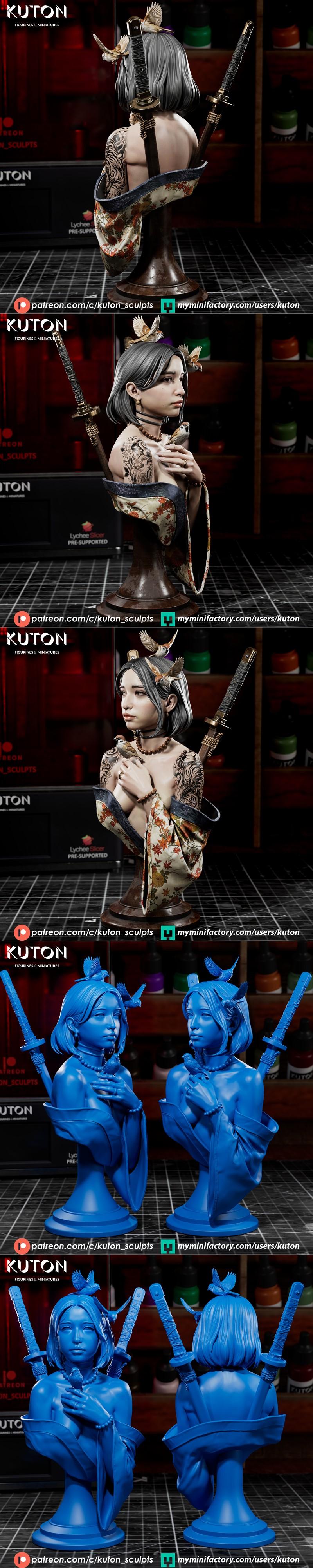 Bust of a young woman with Japanese tattoos, wearing a kimono-inspired garment, holding a katana, with birds perched...