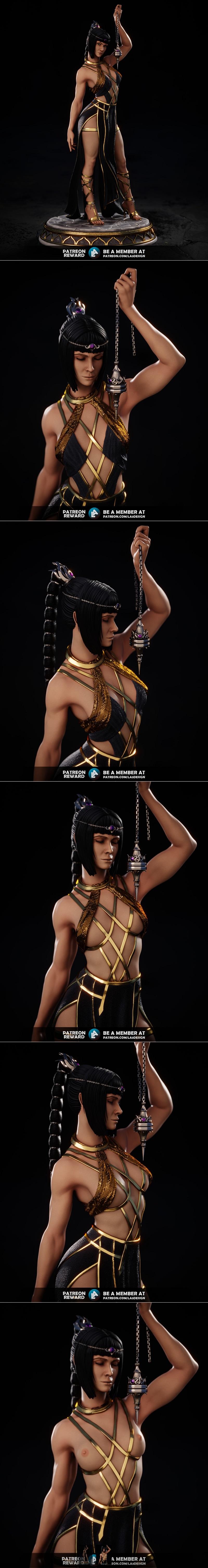 Shadowheart from Baldur's Gate 3, holding an incense burner, wearing a black and gold revealing dress with high slits...