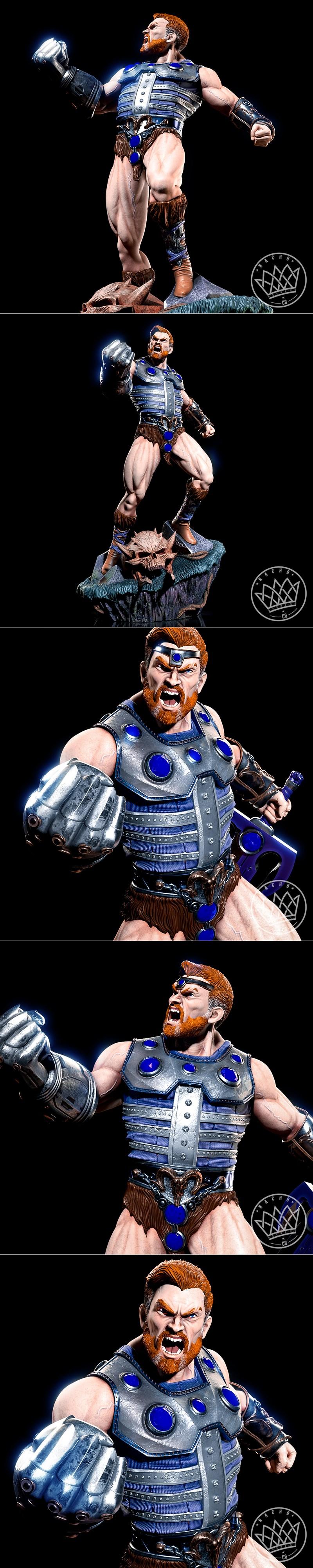 Fisto from Masters of the Universe statue, a muscular male warrior in armor holding a glowing blue sword, standing on...