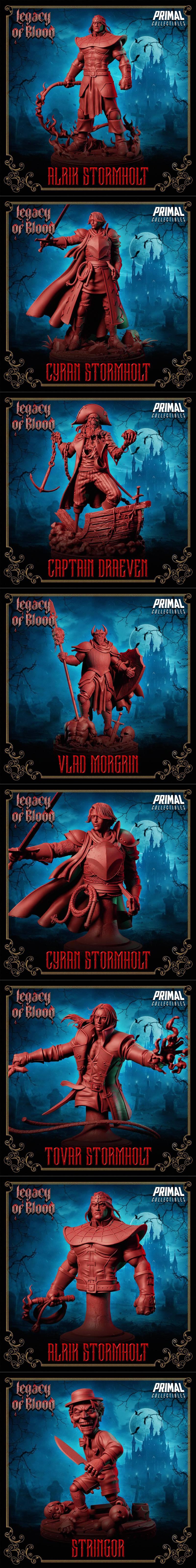 Collection of gothic fantasy 3D models for printing, featuring vampires and warriors like Drogar, Tovar Stormholt, an...