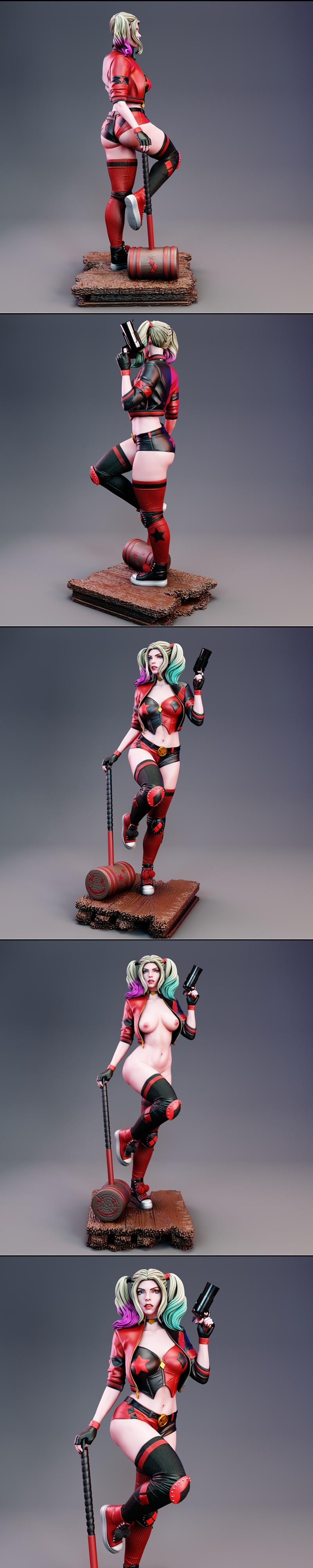 Harley Quinn figure with pistol and mallet, wearing red and black outfit, on a textured base.