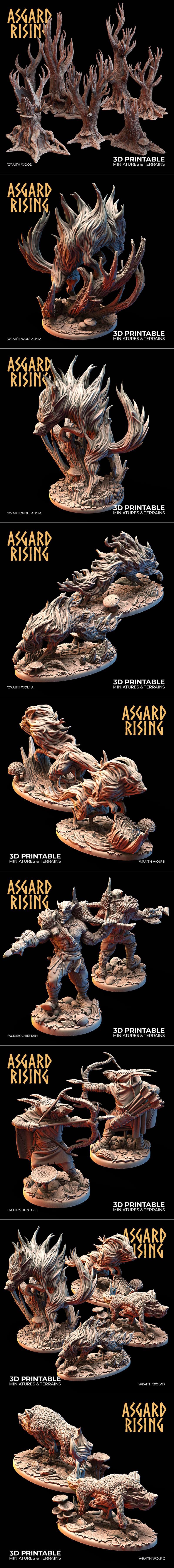 Collection of fantasy miniatures from Asgard Rising Miniatures: Faceless Hunters A, C, D, and a group shot. Figures i...