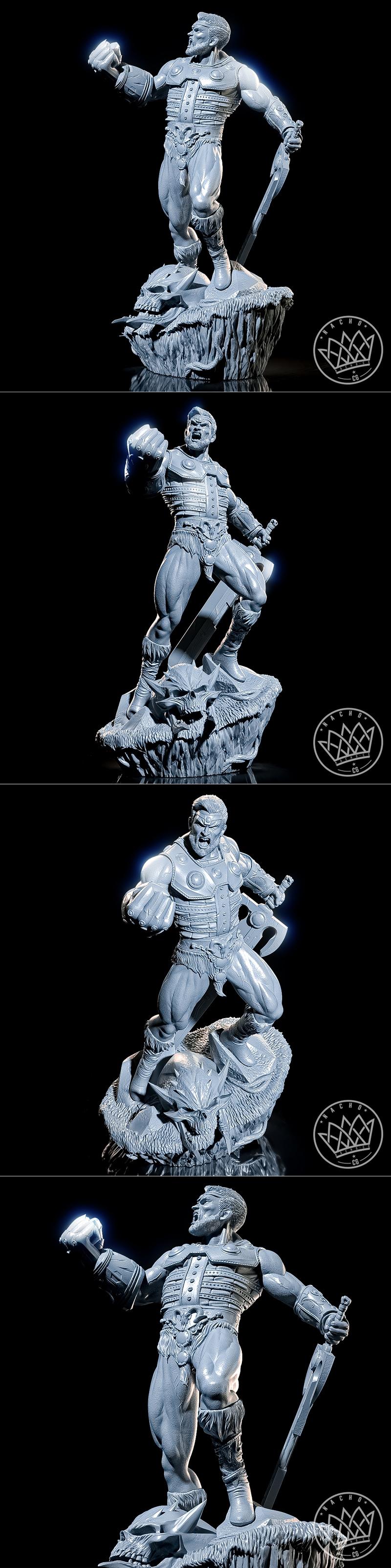 Fisto from Masters of the Universe statue, a muscular male warrior in armor holding a glowing blue sword, standing on...